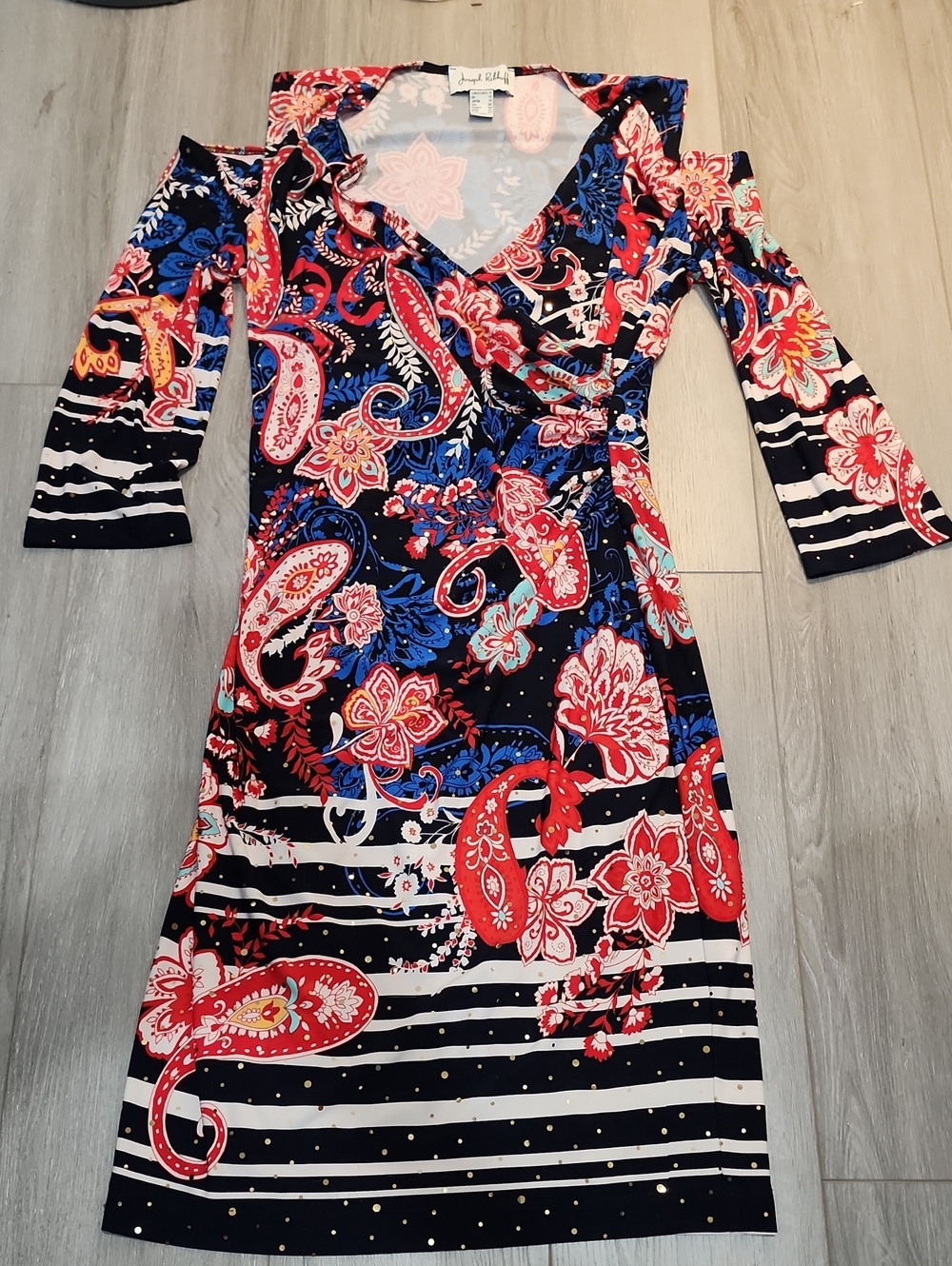 Joseph Ribkoff Red, Blue & White Paisley Wrap Midi Dress